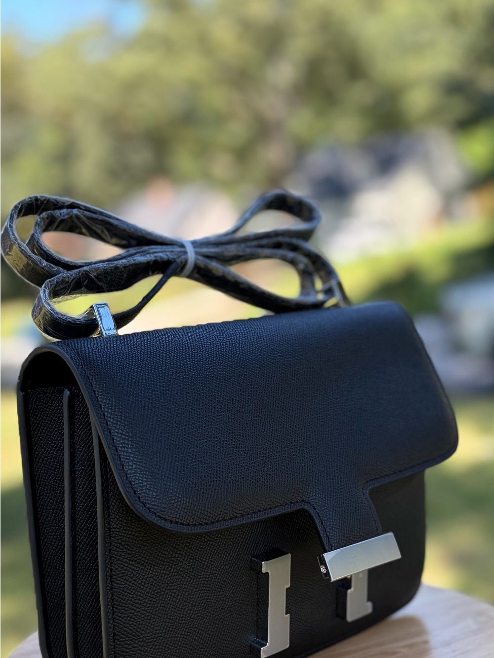 Silver Hardware Black Real Leather Shoulder/Crossbody Bag with H closure - Picture 5 of 11